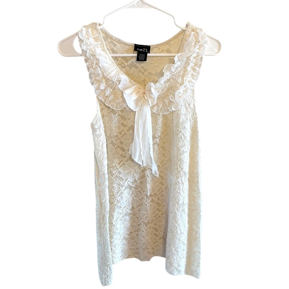 Vintage Y2K Rue 21 Ivory Lace Ruffle Bow Neck Tank Top Sz L Coquette Twee Fem